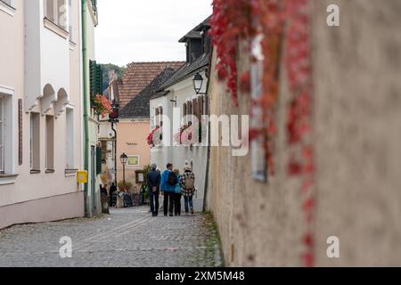 Wachau, Autriche - 26 octobre 2023 : Une étroite rue pavée à Wachau, Autriche, bordée de bâtiments pittoresques et de fleurs vibrantes. Banque D'Images