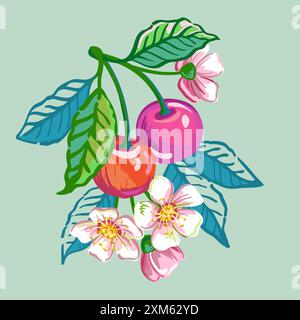 Illustration dessinée à la main de vecteur de branche avec des cerises, des fleurs et des feuilles isolées sur fond. Illustrations dans un croquis pour la conception d'emballage Illustration de Vecteur