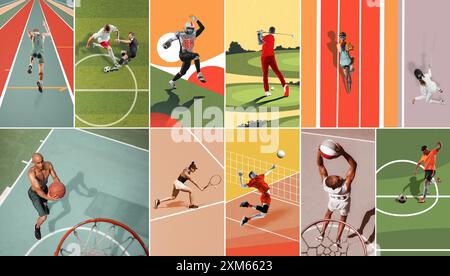 Collage coloré fait de divers athlètes de différents sports en mouvement sur des arènes sportives jouant, en compétition pour la victoire. Vue de dessus. Banque D'Images