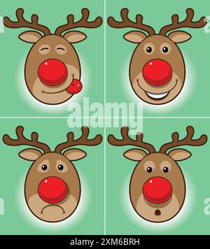 Quatre clichés de tasse à nez rouge Rudolph renne montrant différentes émotions faciales Illustration de Vecteur