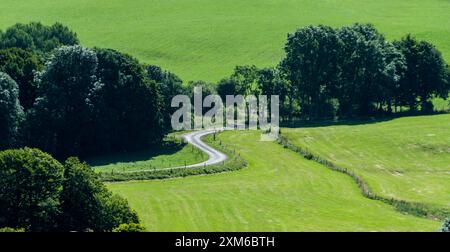 Une route sinueuse traverse une vallée verdoyante, entourée de collines verdoyantes et d'arbres denses. Auvergne. France Banque D'Images