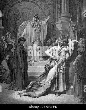 Gravure sur bois du jugement de Salomon - deux mères vivant dans la même maison chacune avait un enfant en bas âge un était mort et chaque mère a argumenté la liv Banque D'Images