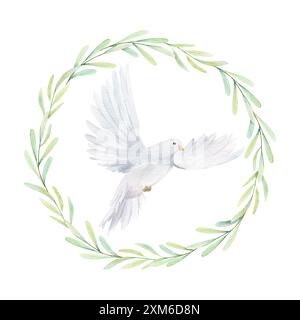 Aquarelle colombe blanche et branches d'olivier. Oiseaux blancs dans une couronne de laurier. Pince à pigeon Illustration dessinée à la main isolée sur fond. Décoratif de Banque D'Images