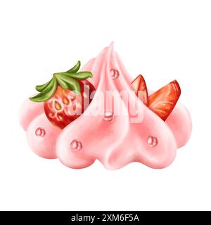 Crème fouettée sous la forme d'une rose décorée de fraises et de pépites. Garniture rose baies pour décorer gâteaux, cupcakes, muffins, pâtisseries. C Banque D'Images