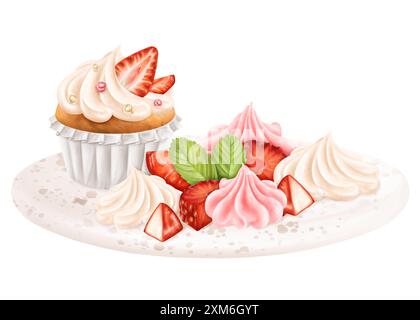 Une composition de cupcake, tranches de fraises, guimauves, meringue sur un plateau de dessert. Bonbons de confiserie aux baies. Nourriture festive pour fêtes, Banque D'Images