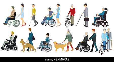 Groupe de personnes handicapées et aides à la marche, illustration isolée Banque D'Images