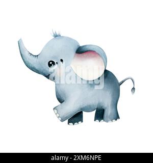 Mignon bébé éléphant. Illustration d'animaux de safari dessinée à l'aquarelle à la main isolée sur fond. Pour les concepteurs, cartes postales, voeux, anniversaire, calendrier, Banque D'Images