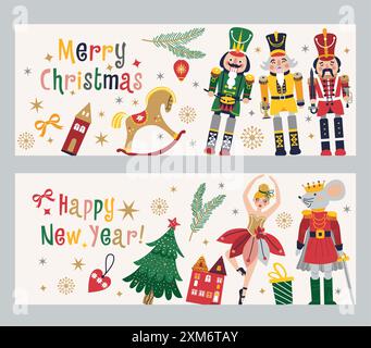 Bonne année Nutcrackers Vector bannières sur fond clair. Carte postale. Chevaux à bascule enfantins. Illustration de Noël. Illustration de Vecteur