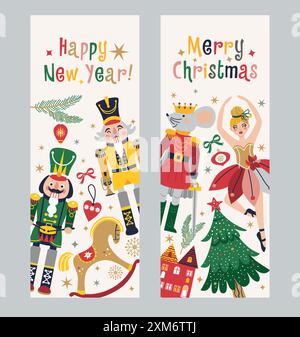 Bonne année Nutcrackers Vector bannières sur fond clair. Carte postale. Chevaux à bascule enfantins. Illustration de Noël. Illustration de Vecteur