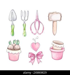 Ensemble d'outils de jardin romantiques à l'aquarelle clipart, inventaire pour jardinier. Esquisse printanière pour la conception, le tissu Banque D'Images