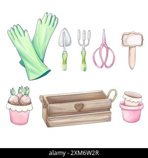 Clipart d'outils de jardin clip art aquarelle, ensemble d'inventaire pour jardinier. Croquis romantique de printemps pour la conception Banque D'Images