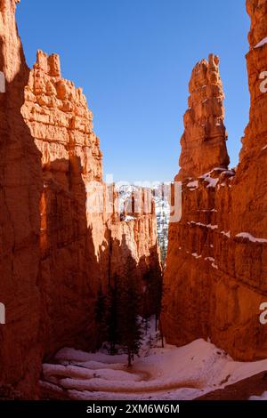 Une vue imprenable sur les aiguillages navajo de Bryce Canyon dans l'Utah, avec des hoodoos orange accidentés et un chemin enneigé sous un ciel bleu éclatant. Banque D'Images