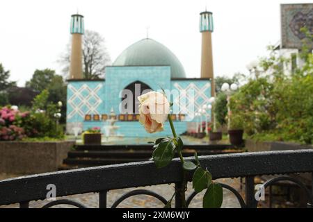 Die Imam-Ali-Moschee Blaue Moschee an der Außenalster. Der Zugang zum Gebäude in der Straße Schöne Aussicht 36 ist nach dem Verbot des Islamischen Zentrums Hamburg, der Träger des Gebäudes, durch das Bundesinnenministerium versperrt. Wie es mit der Imam-Ali-Moschee nun weitergeht, ist noch ungeklärt. Uhlenhorst Hambourg *** la Mosquée bleue de l'imam Ali sur l'Alster extérieur L'accès au bâtiment de Schöne Aussicht 36 a été bloqué après que le ministère fédéral de l'intérieur a interdit le Centre islamique de Hambourg, qui sponsorise le bâtiment il est encore difficile de savoir ce qui va arriver à l'Imam Ali Mo Banque D'Images