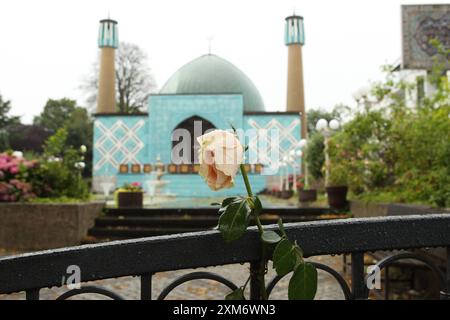 Die Imam-Ali-Moschee Blaue Moschee an der Außenalster. Der Zugang zum Gebäude in der Straße Schöne Aussicht 36 ist nach dem Verbot des Islamischen Zentrums Hamburg, der Träger des Gebäudes, durch das Bundesinnenministerium versperrt. Wie es mit der Imam-Ali-Moschee nun weitergeht, ist noch ungeklärt. Uhlenhorst Hambourg *** la Mosquée bleue de l'imam Ali sur l'Alster extérieur L'accès au bâtiment de Schöne Aussicht 36 a été bloqué après que le ministère fédéral de l'intérieur a interdit le Centre islamique de Hambourg, qui sponsorise le bâtiment il est encore difficile de savoir ce qui va arriver à l'Imam Ali Mo Banque D'Images