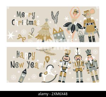 Bonne année Nutcrackers Vector bannières sur fond clair. Carte postale. Chevaux à bascule enfantins. Illustration de Noël. Illustration de Vecteur