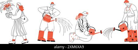 Un groupe de personnes jardine joyeusement ensemble, arrose les plantes dans un style d'art au trait simple Illustration de Vecteur