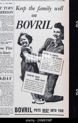 Publicité pour Bovril sur la première page du Daily mail (réplique) 9 novembre 1939, près du début de la seconde Guerre mondiale. Banque D'Images
