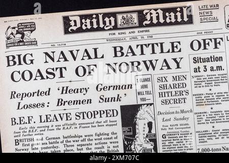 'Big Naval Battle off Coast of Norway' titre sur la première page du Daily mail (réplique) 10 avril 1940.. Banque D'Images