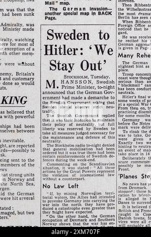 "La Suède à Hitler : 'nous restons dehors'' titre sur la première page du Daily mail (réplique) 10 avril 1940. Banque D'Images