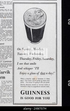 Publicité pour Guinness sur la première page du Daily mail (réplique) 10 avril 1940. Banque D'Images