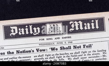 Bannière en haut de la première page du Daily mail (réplique), le 5 juin 1940, après l'évacuation de Dunkerque. Banque D'Images