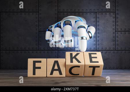 Main robotique blanche tournant 2 blocs de bois révélant les mots FACT et FAKE. Exactitude de l'information de l'intelligence artificielle, vérification factuelle du contenu de l'IA Banque D'Images