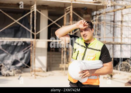 Travailleur de la construction prenant une pause et transpirant sous le soleil, tenant un casque de sécurité, avec échafaudage de construction en arrière-plan. Banque D'Images