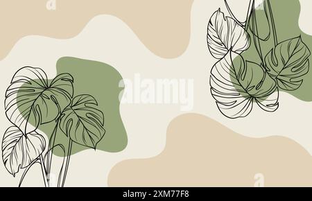 Cadre botanique avec feuilles de monstera et blobs dessinés à la main. Fond esthétique boho dans des couleurs pastel Illustration de Vecteur