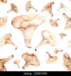 Champignons comestibles forestiers Chanterelles et feuilles d'automne. Illustration aquarelle sur un fond blanc. Modèle sans couture, dessiné à la main. Convient aux cartes, albums et textiles. Banque D'Images