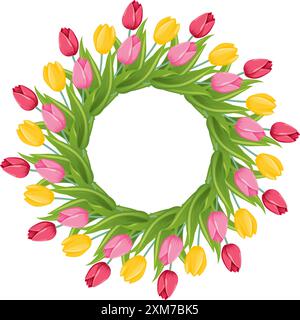 Une couronne faite de tulipes, disposées dans un motif circulaire. Un cadre fleuri jaune et rose avec des feuilles vertes. Un arrangement floral pour les célébrati saisonniers Illustration de Vecteur