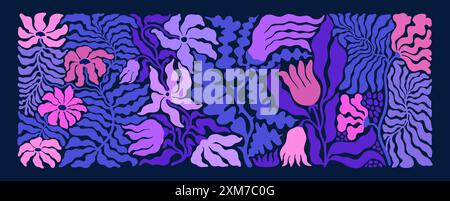 art vectoriel abstrait floral en violet et rose sur marine, inspiré par des formes liquides organiques. Idéal pour la décoration murale et les projets créatifs Illustration de Vecteur