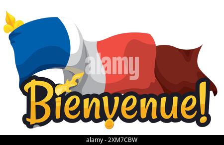 Message d'or accueillant (écrit en français) les Jeux d'été de Paris avec drapeau français orné de fleur de lis, torche allumée et médaille d'or. Illustration de Vecteur