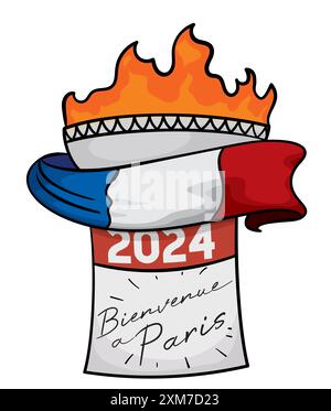 Torche allumée sur drapeau tricolore français et calendrier à feuilles mobiles 2024 avec message de bienvenue à Paris (écrit en français). Illustration de Vecteur