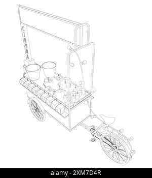 Illustration vectorielle de fabricant de popcorn. Kiosque vintage dans le parc d'attractions. Nourriture de rue. Nourriture de cinéma tricycle. Vue isométrique. 3D. Illustration de Vecteur