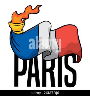 Drapeau français agitant sur une torche allumée au-dessus de Paris signe pour les Jeux d'été. Design de style dessin animé. Illustration de Vecteur