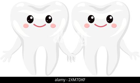 Deux mignonnes dents tenant les mains. Chaque dent a de grands yeux, des joues roses, et un sourire joyeux, leur donnant une apparence amicale. Pour favoriser l'hygi buccal Illustration de Vecteur