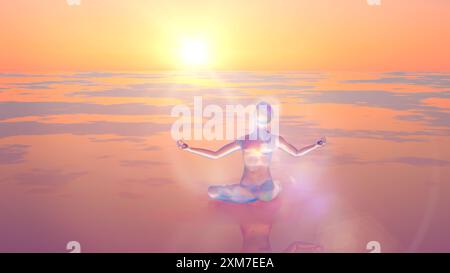 illustration 3d d'un homme méditant à l'aube chantant une chanson au soleil Banque D'Images