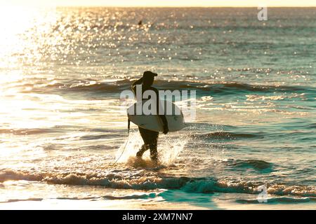 Surfeur entrant dans l'eau avec une planche de surf sous le bras regardant au soleil, Banque D'Images