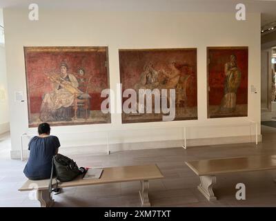 Galerie romaine au MET Museum, New York. Trois peintures murales d'une salle de réception. Roman, fin républicain, 50-40 av. J.-C. de gauche à droite : femme assise jouant une kithara, couple intronisé, femme tenant un enfant. Ces trois grands panneaux célèbrent probablement un mariage dynastique. Banque D'Images