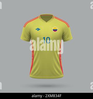 Maillot de football réaliste à domicile 3d équipe nationale de Colombie, modèle de maillot pour kit de football 2024 Illustration de Vecteur