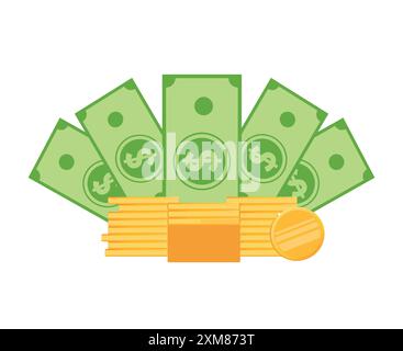 Bien-être financier, concept de gourou financier. L'homme est assis dans la pose de lotus sur une pile de pièces d'or avec des billets de banque en dollars sur le fond. Méditer sur Mo Illustration de Vecteur