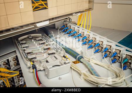 câblage interne du panneau de brassage optique dans l'armoire murale pour la transmission du signal via des câbles optiques Banque D'Images