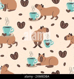 Modèle sans couture avec capybaras drôles et tasses à café Illustration de Vecteur