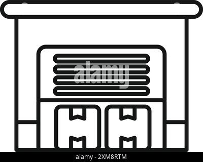 Dessin au trait d'un bâtiment d'entrepôt avec porte de volet roulant fermée contenant des boîtes en carton, concept de stockage et de transport Illustration de Vecteur