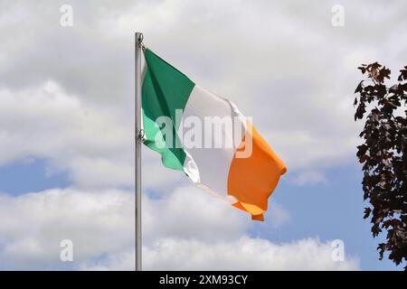 Le drapeau national de l'Irlande flotte sur un mât de drapeau par une belle journée d'été avec un fond de ciel bleu et de nuages blancs. Banque D'Images