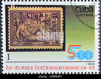 Timbre-poste oblitéré imprimé par Cuba, qui montre vieux timbre cubain, 5ème centenaire de la découverte de l'Amérique, vers 1988. Banque D'Images