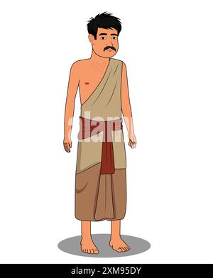 Village indien pauvre homme de trois quarts vue dessin animé conception de personnage pour l'animation 2D. Illustration de Vecteur