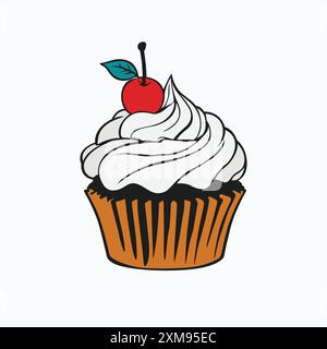 Un cupcake avec un tourbillon de glaçage blanc, une cerise rouge sur le dessus et un emballage rayé noir et blanc Illustration de Vecteur