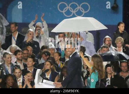 Paris, France. 26 juillet 2024. Tony Estanguet, Président de Paris 2024, prononce une allocution lors de la cérémonie d’ouverture des Jeux Olympiques de Paris 2024 à Paris, France, le vendredi 26 juillet 2024. Plus de 10 000 athlètes de 206 pays participeront aux Jeux olympiques d’été, qui se dérouleront du 26 juillet au 11 août. Photo de Richard Ellis/UPI crédit : UPI/Alamy Live News Banque D'Images