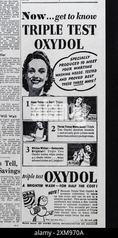 Publicité pour Oxydol en première page du Daily mail (réplique), le 7 novembre 1940, suite à la réélection du président Roosevelt. Banque D'Images